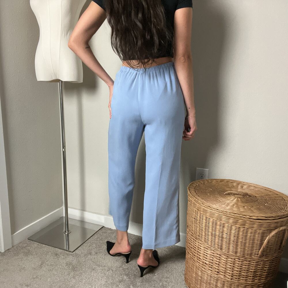 vintage dusty blue silk high waisted drawstring straight leg cropped pants - Picture 5 of 6